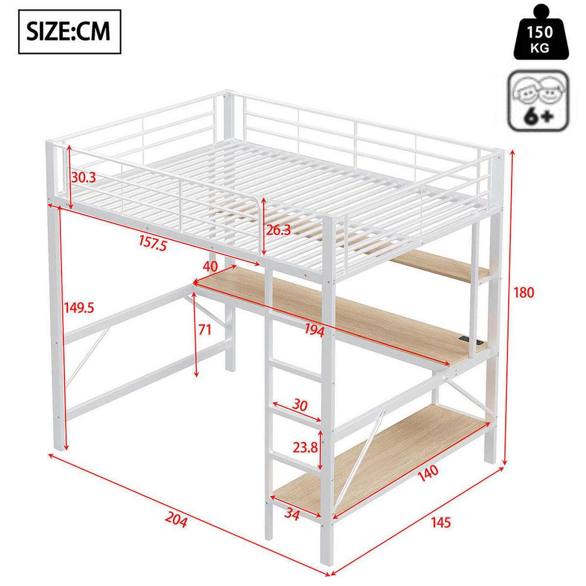 HOCHBETT 140x200cm mit weißem Schreibtisch in Metall - Weiß, Metall (140/200cm) - KOMHTOM