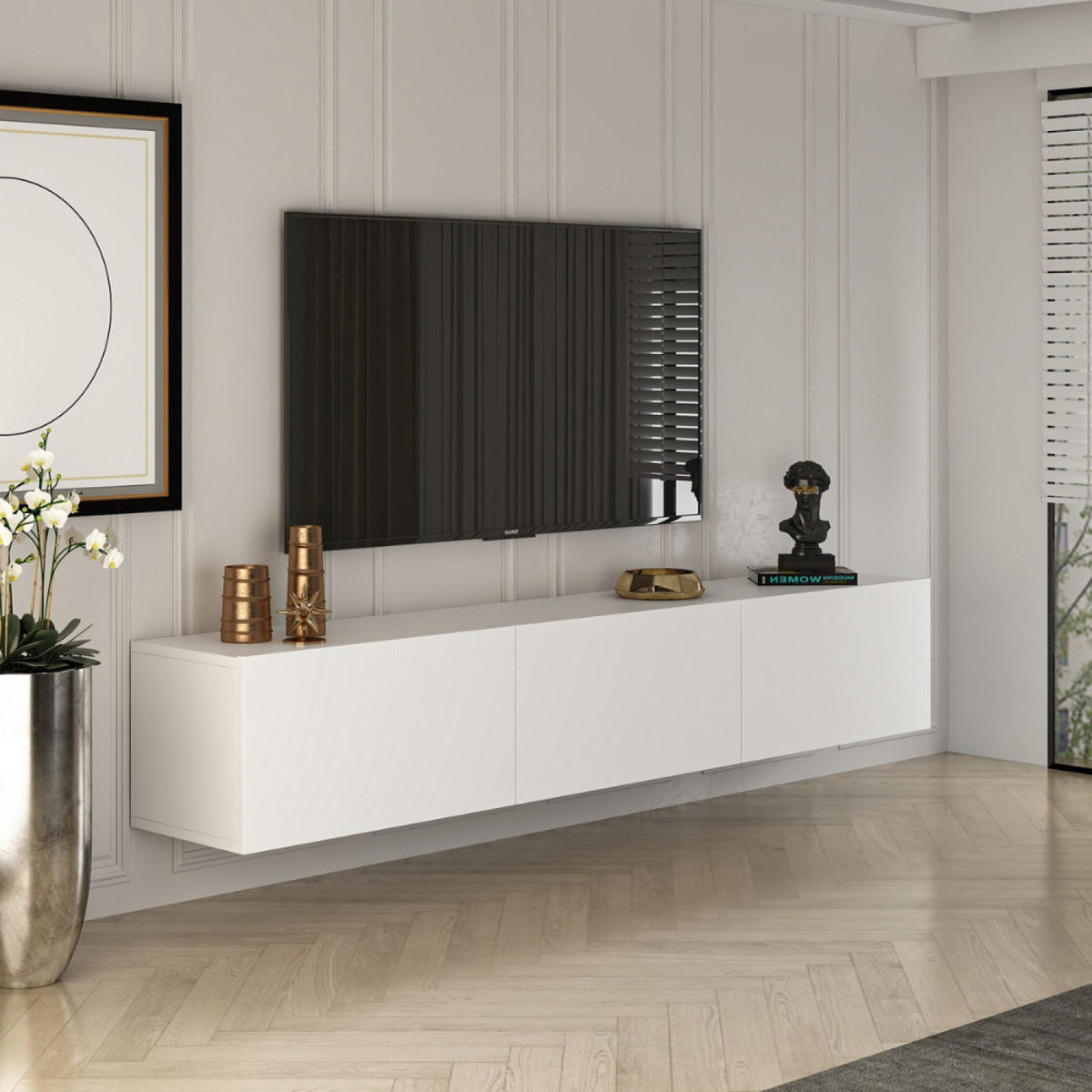 TV-MÖBEL Hal Weiß 150 cm Modern Hängend + Schrank - Weiß, Holzwerkstoff (150/30/32cm) - Concept Usine