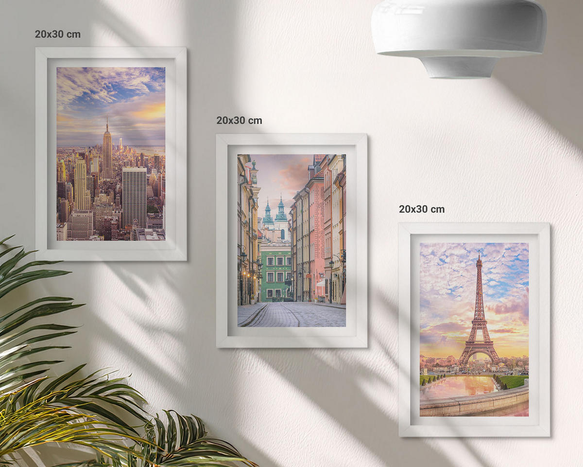 BILDER SET 3er Set - 20x30 cm Weißer Rahmen - Städte New York Paris Dämmerung - Weiß, Kunststoff (20/30cm) - TULUP
