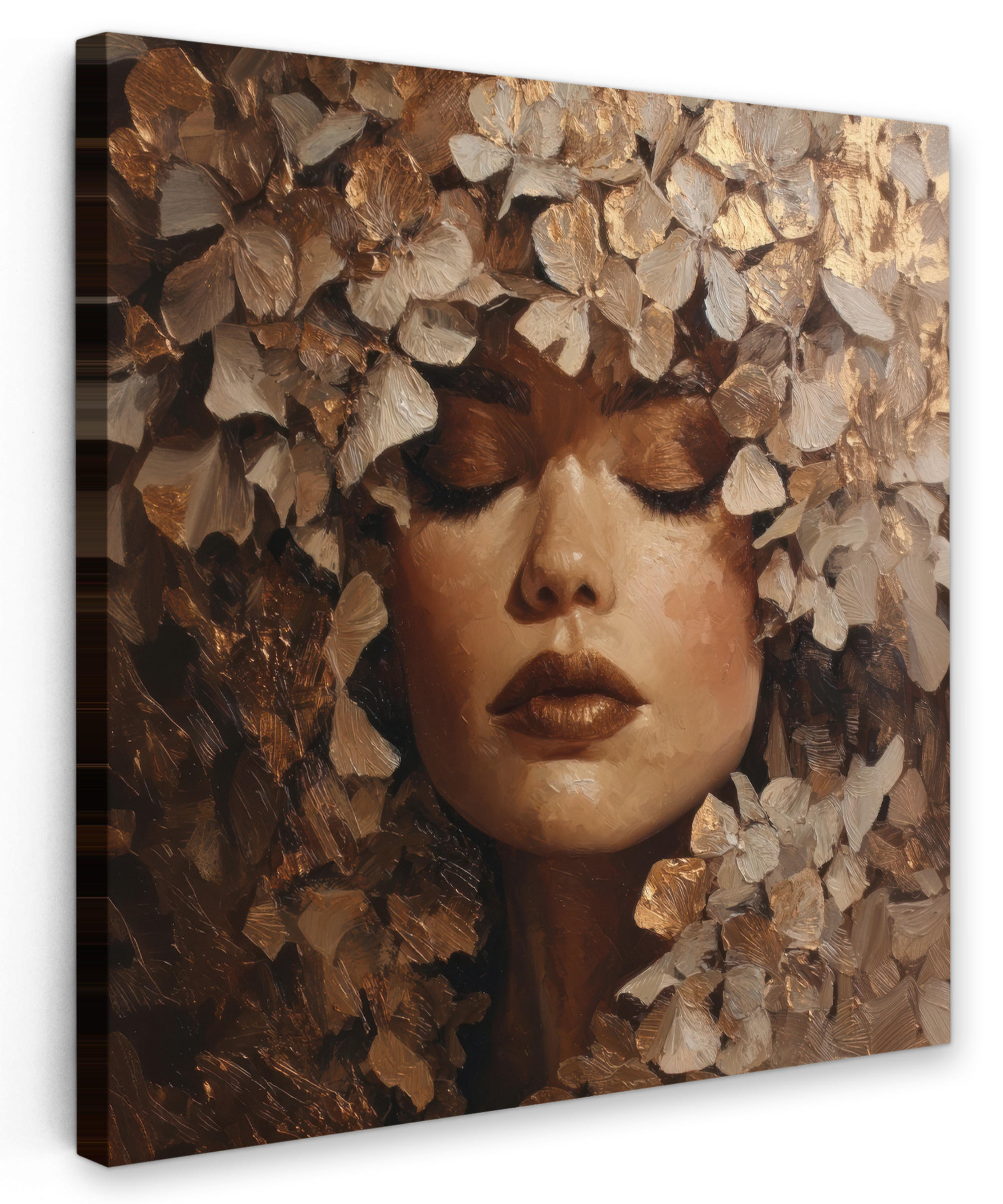 LEINWANDBILD Gesicht - Dame - Blätter - Pinselstriche Wandbild Wohnzimmer 50x50 cm - Goldfarben, Textil (50/50cm) - MuchoWow