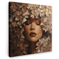 LEINWANDBILD Gesicht - Dame - Blätter - Pinselstriche Wandbild Wohnzimmer 50x50 cm - Goldfarben, Textil (50/50cm) - MuchoWow