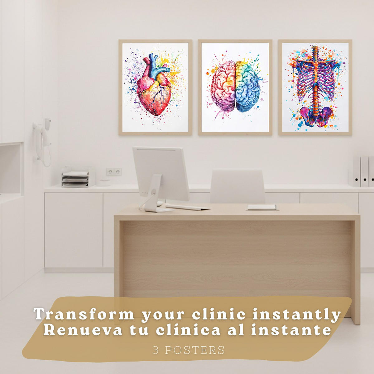 POSTER Set aus 3 Anatomie Mensch Drucke und Wandbilder mit Gehirn Herz Rippen Wirbelsäule Lebendiges Aquarell Design Wanddekoration Größe Rahmenlos A4 - Klar, Papier (21/29.7/3cm) - Nacnic
