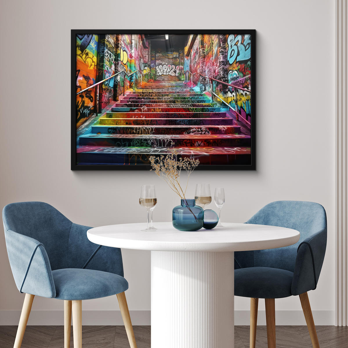 POSTER MIT RAHMEN Treppe - Graffiti - Farben - Kunst 80x60 cm - Multicolor, Papier (80/60cm) - MuchoWow