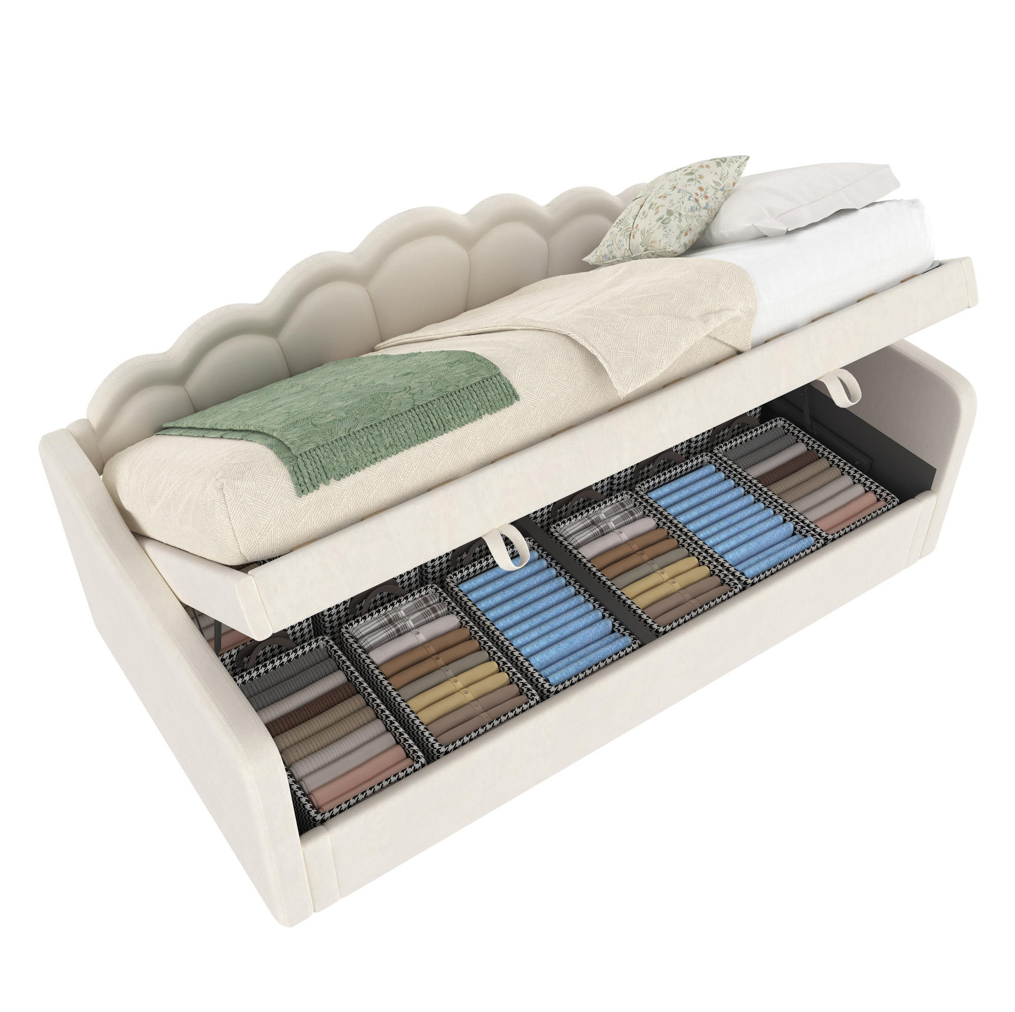 TAGESBETT 90/200 cm aus Samt mit hydraulischem Stauraum und LED-Beleuchtung, Beige - Beige, Textil (90/200cm) - Redom