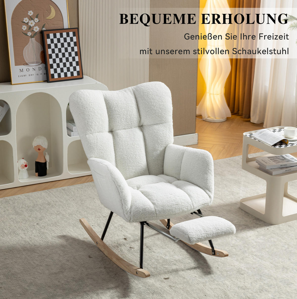 SCHAUKELSTUHL Teddy-Stoff mit klappbarer Fußablage 80/98/98.5 cm Weiß - Weiß, Textil (98/98.5/80cm) - Redom