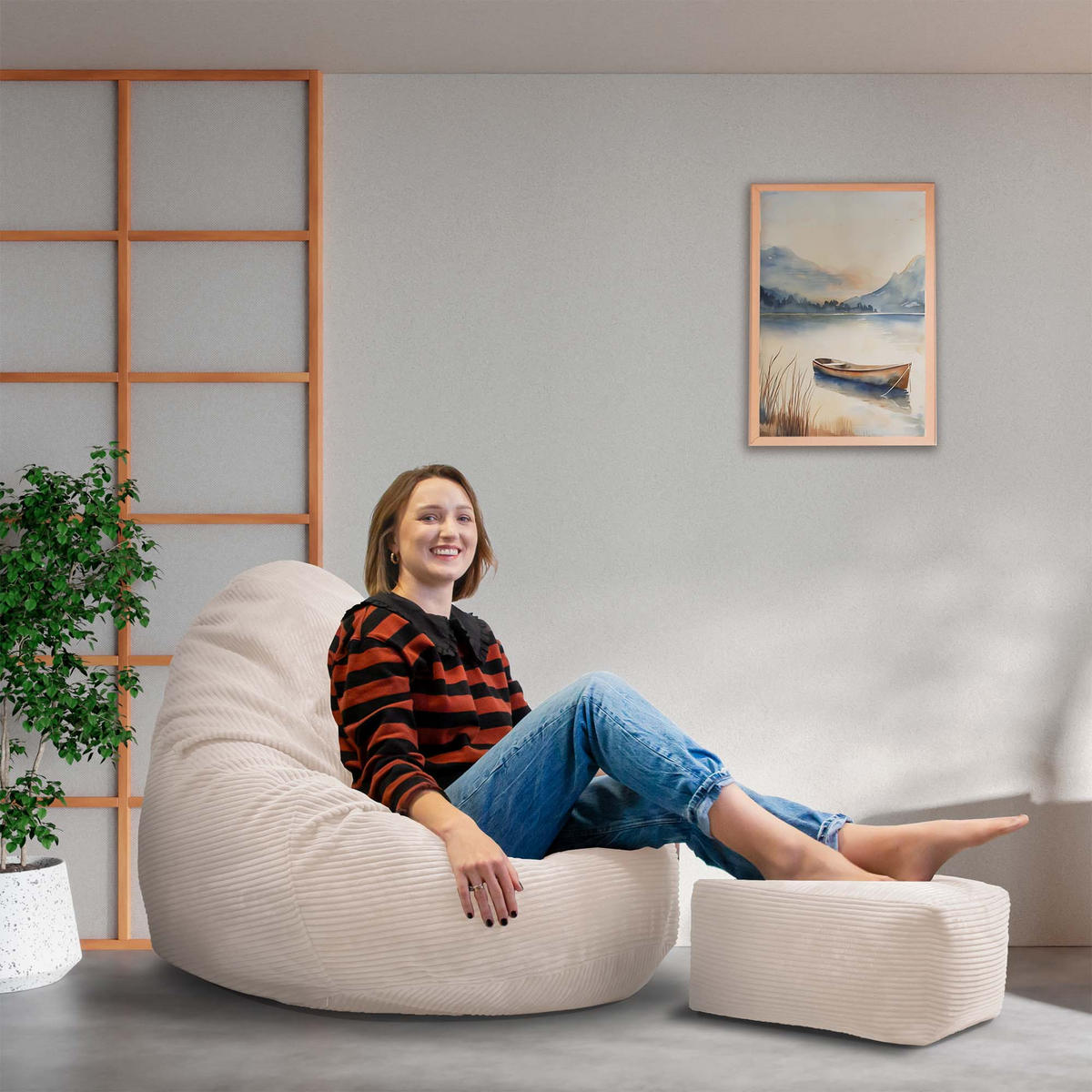 SITZSACK PARADISE MIT FUßSTÜTZE Kordsamt 2-tlg Vanilla Ice M - Beige, Textil (90/100/90cm) - Dreamroots