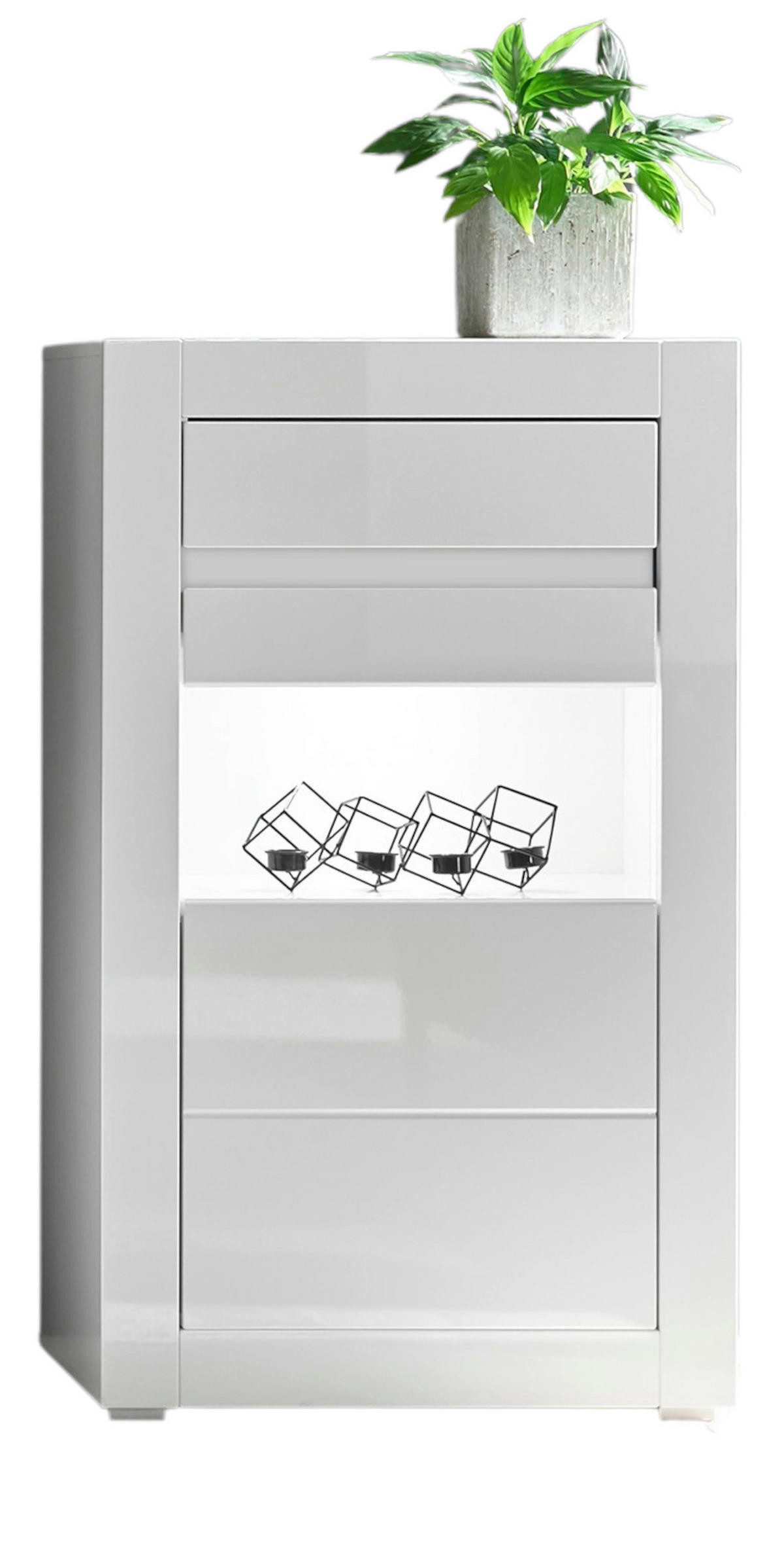 VITRINE Hochglanz weiß, mit weiß oder grau, Kommode 66 x 112 cm Soft-Close-Funktion - Weiß Hochglanz/Weiß, Glas/Holzwerkstoff (66/112/35cm) - Furn.Design