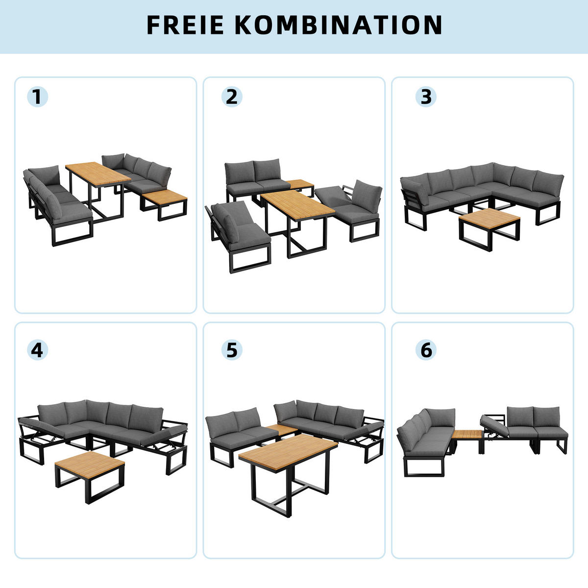 GARTENLOUNGE-SET für 6 Personen Garten-Essgruppe Ecksofa mit verstellbarer Rückenlehne - Schwarz/Naturfarben, Textil/Metall - STILVORA