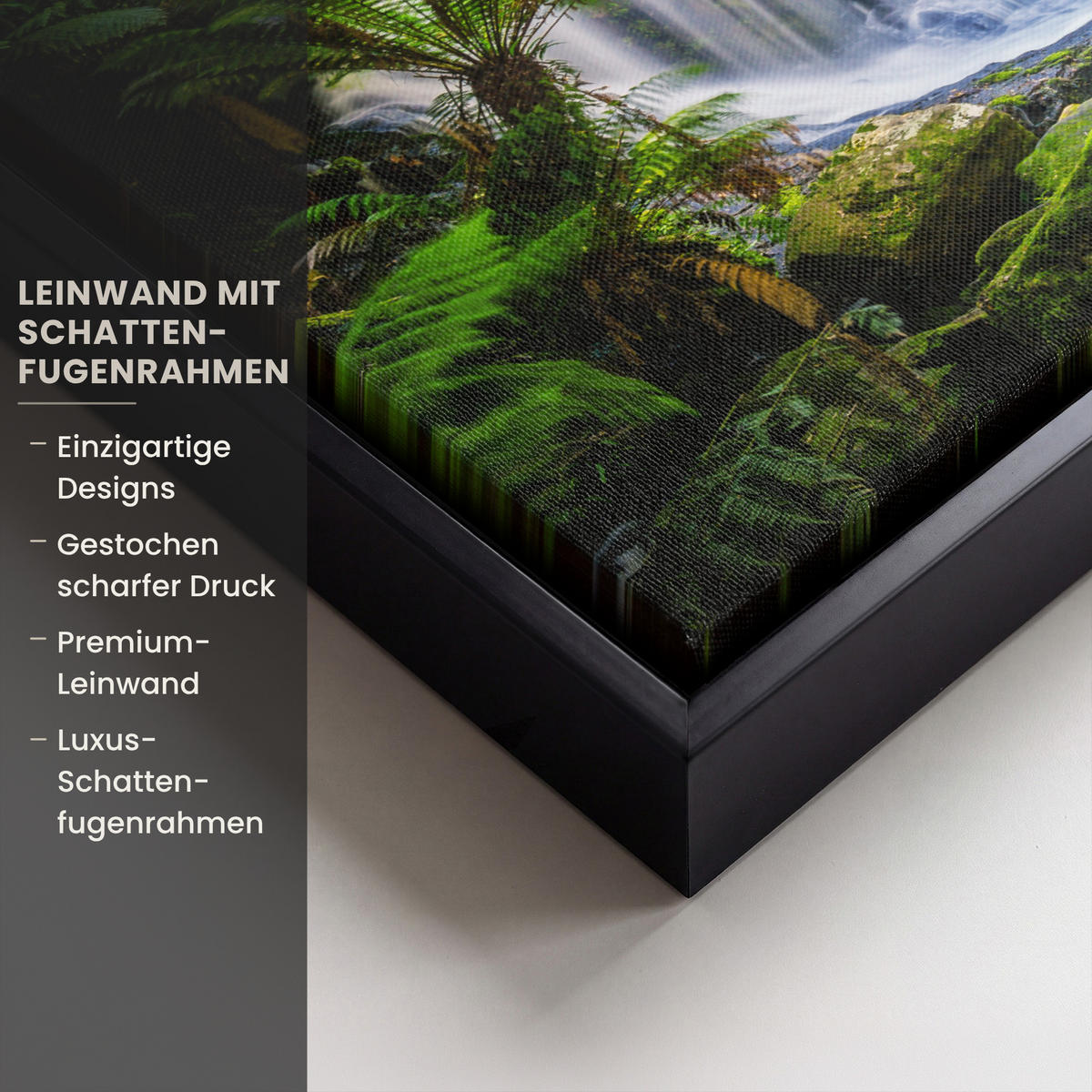 LEINWAND Bilder mit Rahmen - Dschungel - Wasserfall - Australien - Pflanzen - Natur - 30x20 - Dunkelgrün, Textil (30/20cm) - MuchoWow