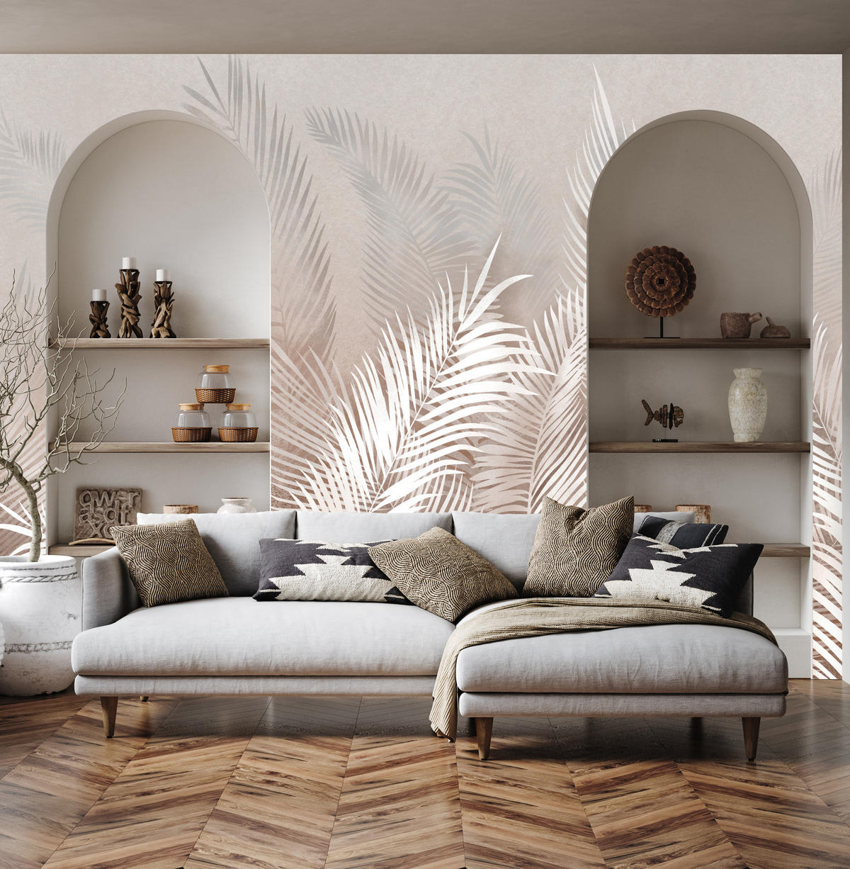 FOTOTAPETE Palmenblätter Pflanzen Natur Boho Stil 520x318cm - Beige/Braun, Papier (520/318cm) - Muralo