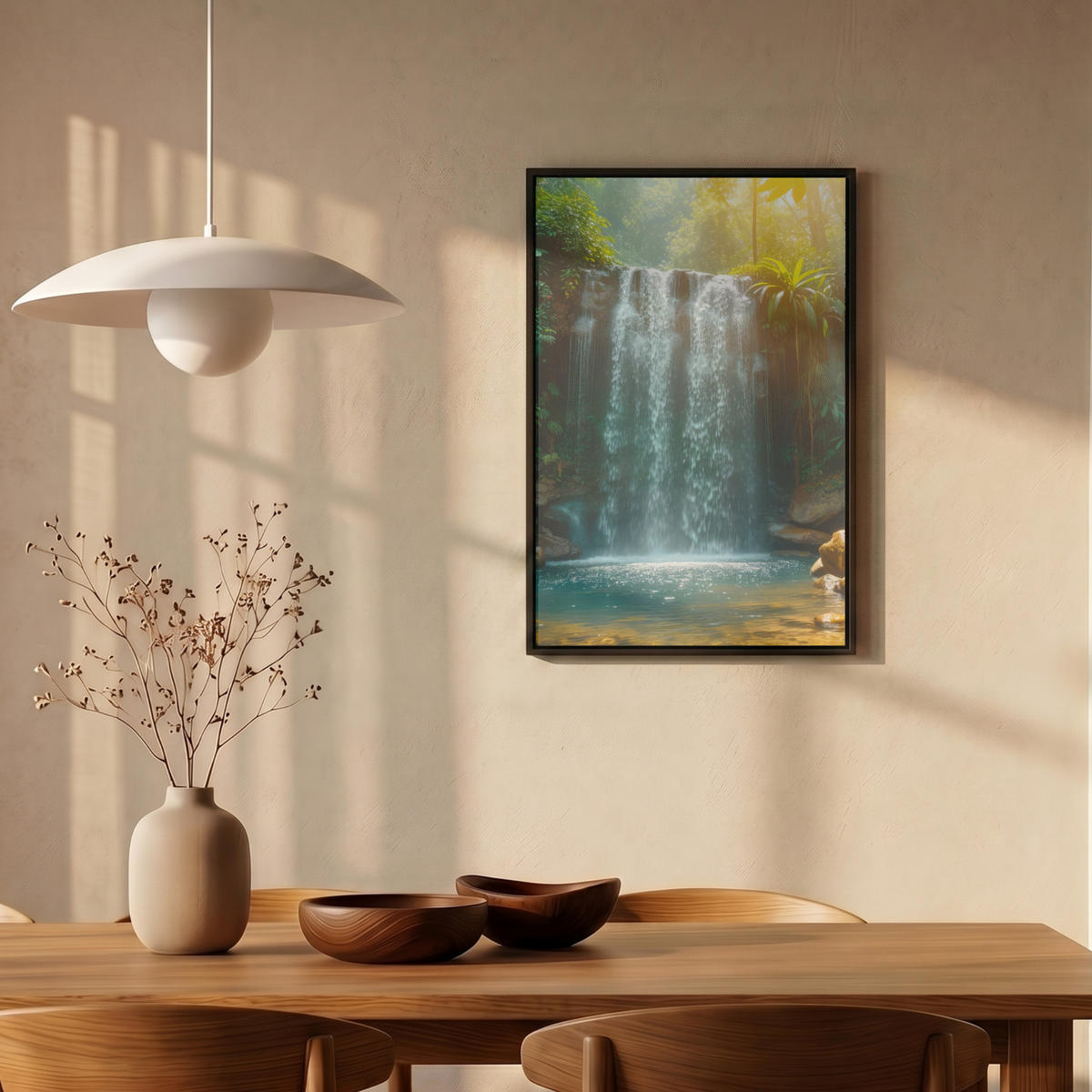 LEINWAND Bilder mit Rahmen - Wasserfall - Dschungel - Sonne - Grün - Natur - 40x60 - Grün, Textil (40/60cm) - MuchoWow