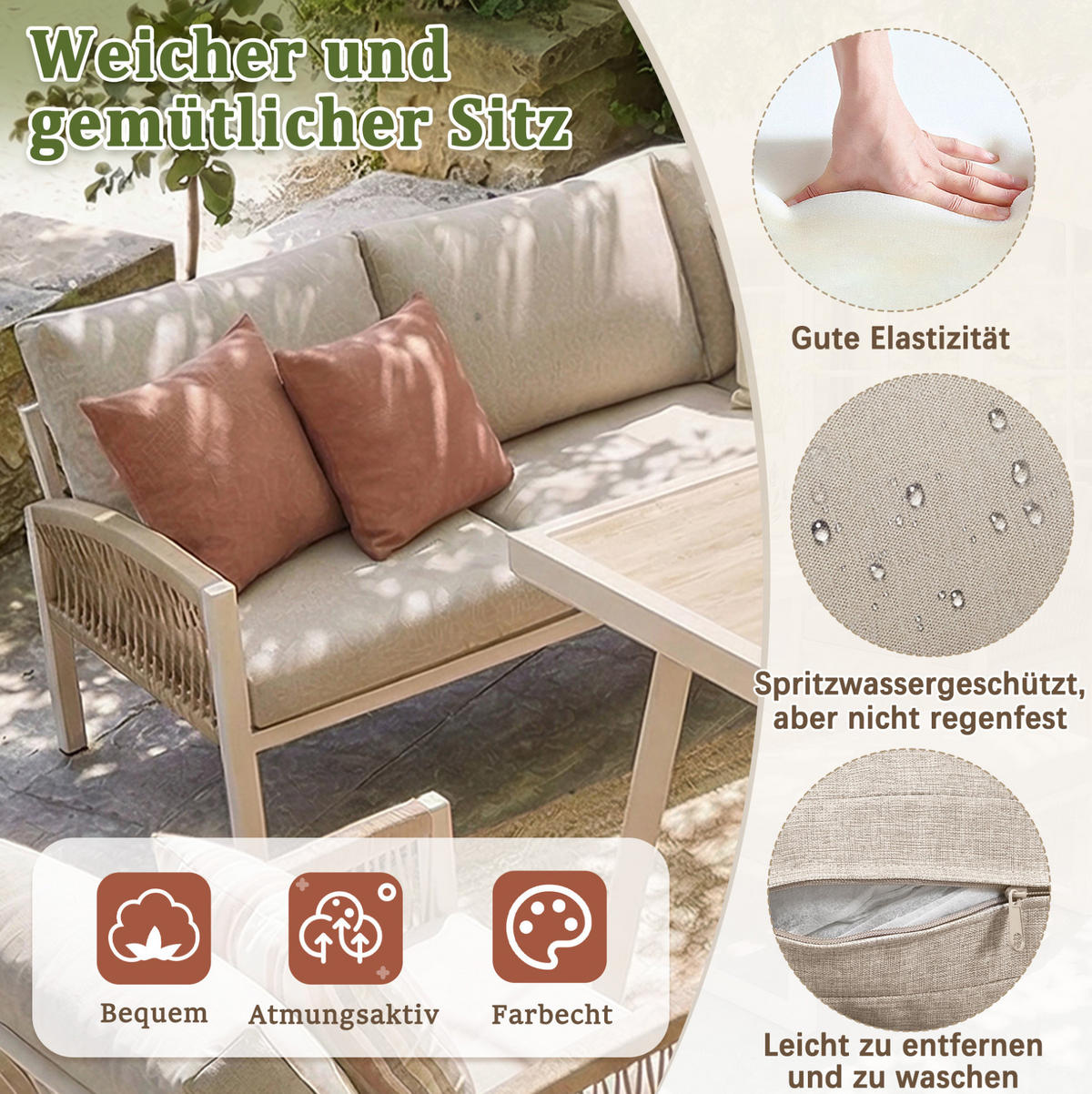 GARTEN-LOUNGE-SET für 7 Personen mit Stahlrahmen & Coffeetable Glas in Holzoptik, 173,5/65/62,5 cm, Beige - Beige, Metall - Redom