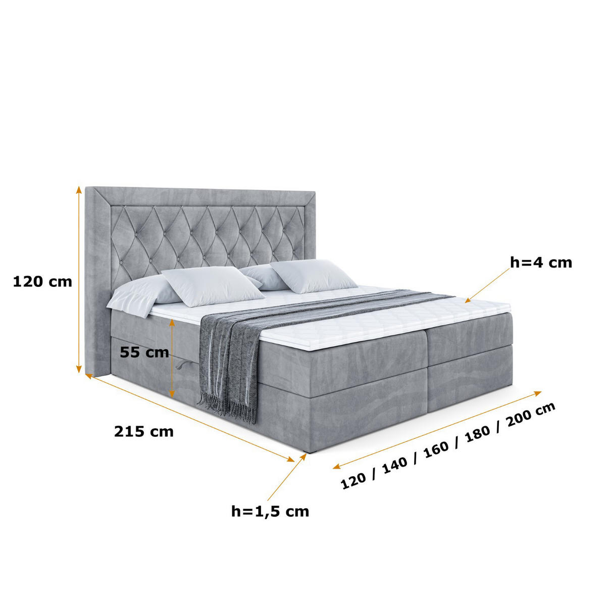 BOXBETT mit H4-Matratze und Lattenrost - NOEL - 200x200 Grau - Grau, Holzwerkstoff (200/200cm) - ALTDECOR