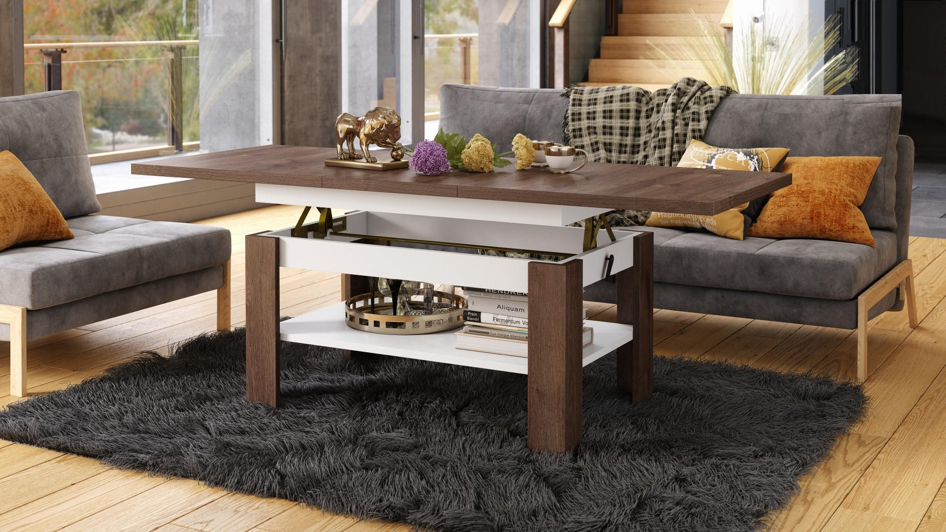 COUCHTISCH rechteckig Eiche dunkel - Weiß ausziehbar höhenverstellbar - Braun/Weiß, Holzwerkstoff (65/130/58cm) - designimpex