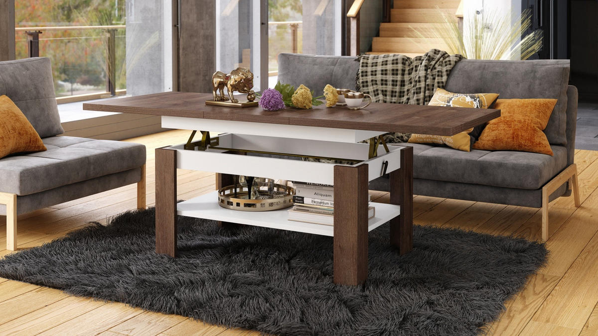 COUCHTISCH rechteckig Eiche dunkel - Weiß ausziehbar höhenverstellbar - Braun/Weiß, Holzwerkstoff (65/130/58cm) - designimpex