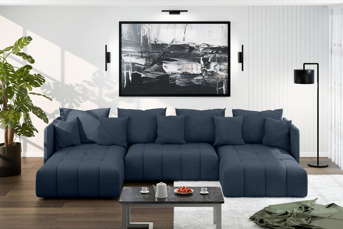 WOHNLANDSCHAFT Veliro U Blau 353/180/83 cm mit Schlaffunktion und Bettkasten - Blau/Schwarz, Kunststoff/Textil (353/83/180cm) - AX Living