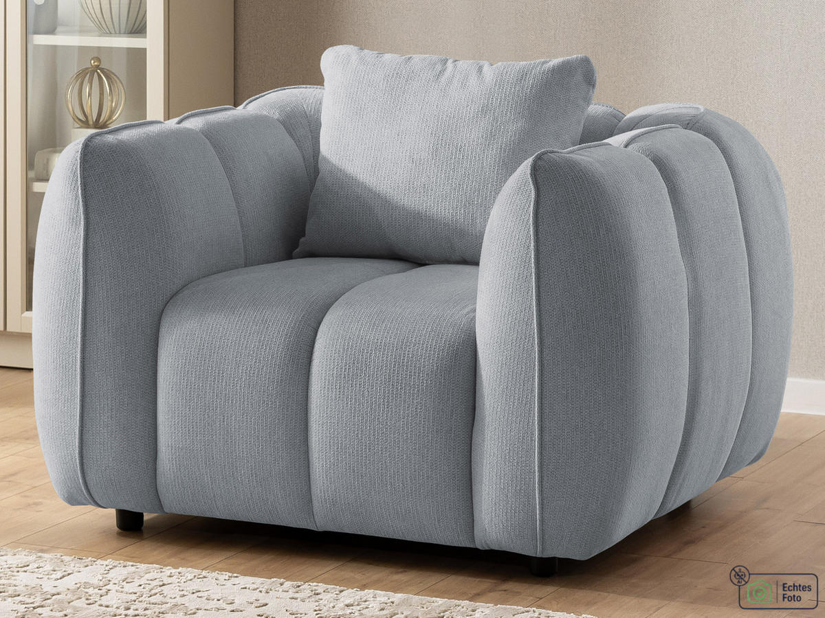 SESSEL Nubira in tief gesteppter Bubble-Optik aus weichem Grau Strukturstoff im modernen Design - Schwarz/Grau, Holz/Kunststoff (115/69/89cm) - S-Style Möbel
