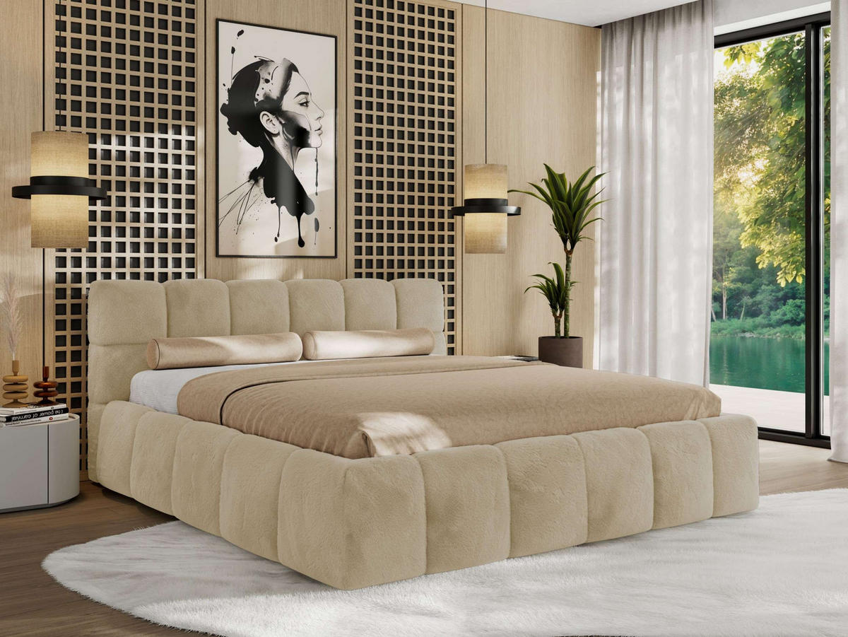 POLSTERBETT NIRA CLASSIC 200/200 - Creme Plüsch - Pocket-Matratze - Creme, Textil (200/200cm) - MKS