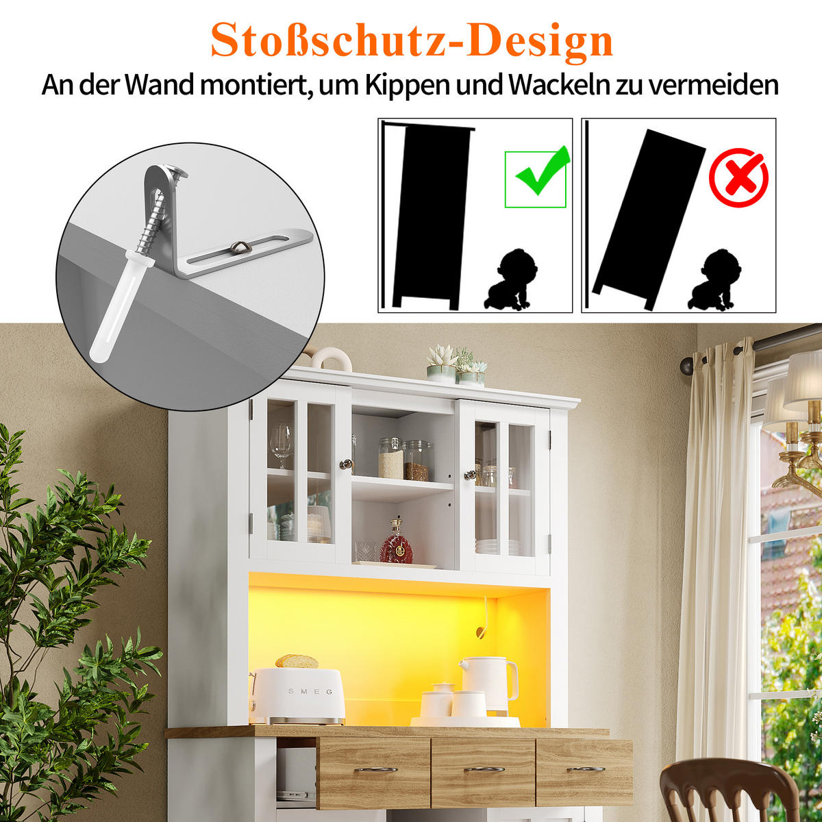 KÜCHENBUFFET 106/40/179,5 cm weiß aus MDF mit LED-Beleuchtung - Weiß, Holzwerkstoff (106/179.5/40cm) - OKWISH