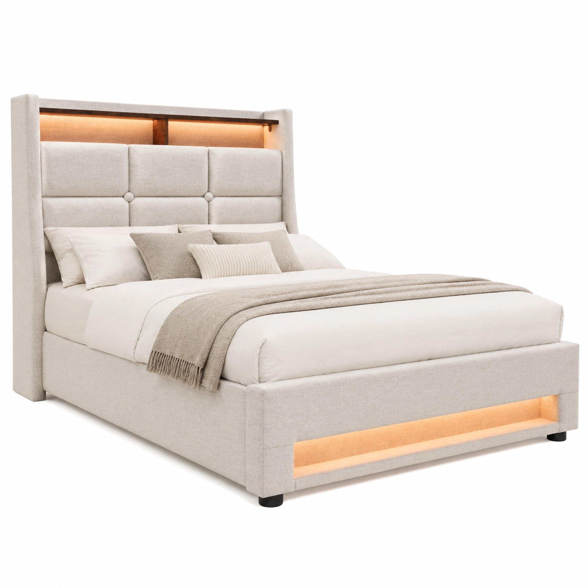 POLSTERBETT mit Stauraum, USB und LED 90x200 cm Beige - Beige, Metall (90/200cm) - Meubliv