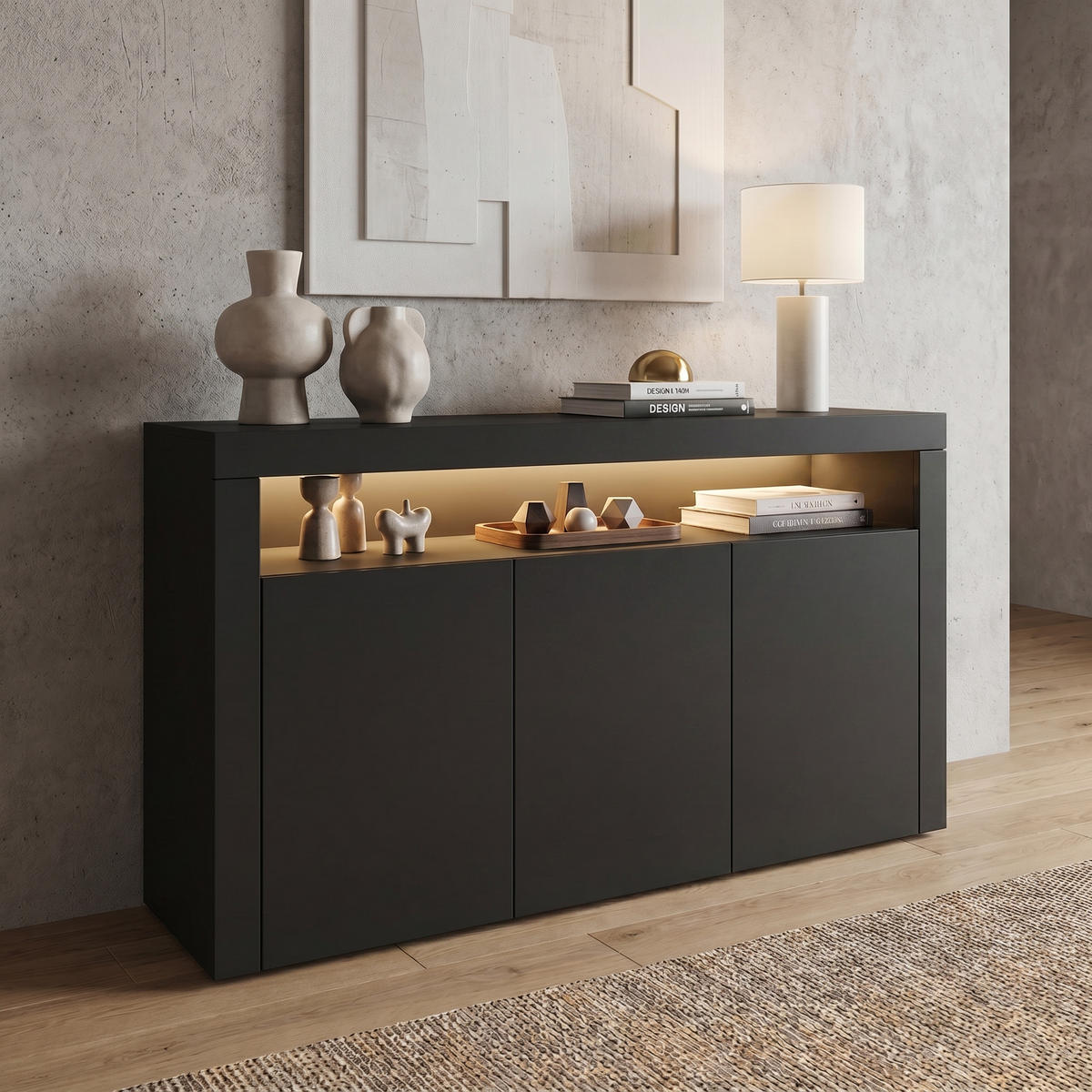 SIDEBOARD Valencia Schwarz matt - Schwarz, Holzwerkstoff (155/92/40cm) - Vladon