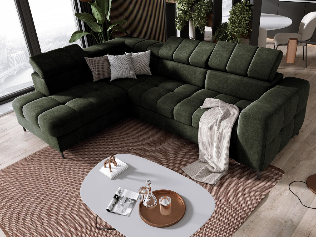 ECKSOFA PABLOS Vogue, L-förmig, Moderne, mit verstellbarem Kopfteil, Schlaf- & Lagermöglichkeiten, freistehend, LINKS 201x279x97 cm Green - Grün, Holz/Textil (201/279cm) - DomoHome