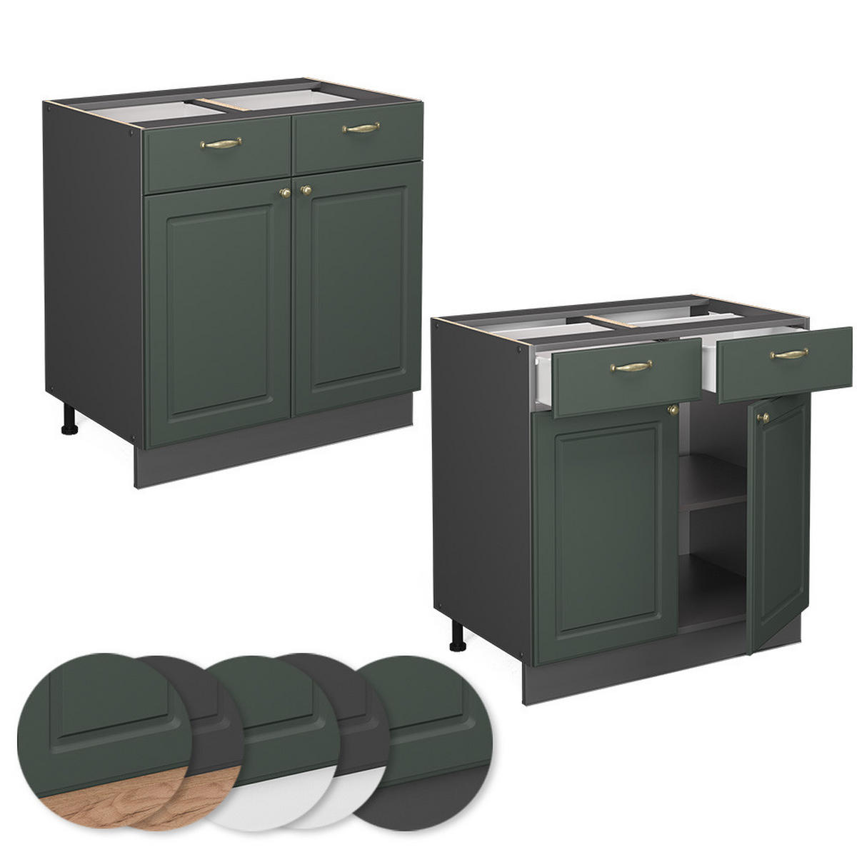 KÜCHENUNTERSCHRANK Fame-Line Grün-Gold Landhaus 80 cm, AP Eiche - Anthrazit/Grün, Holzwerkstoff (80/82/60cm) - Vicco