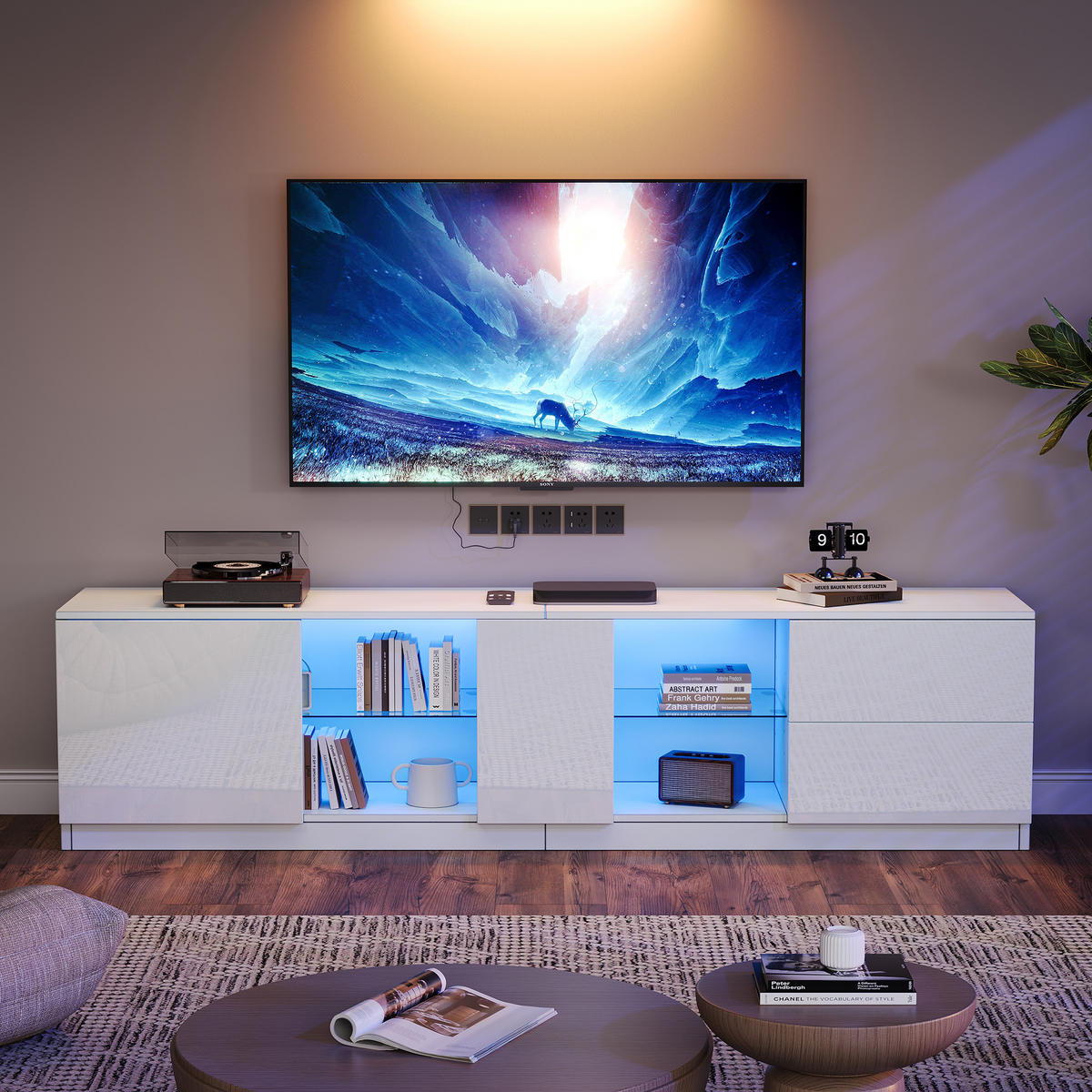 TV-ELEMENT in Weiß TV-Ständer mit LED für 65" Fernseher, geeignet für Wohnzimmer und Schlafzimmer, B160/T40/H52cm - Weiß, Glas/Holzwerkstoff (160/52/40cm) - STILVORA