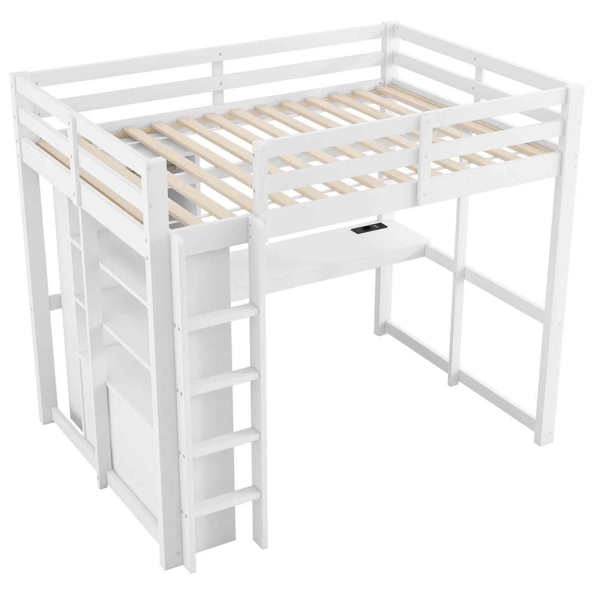 HOCHBETT 140/200 cm in Weiß mit 2 Schubladen, Regal, LED und USB Massivholz & MDF - Weiß, Holz/Holzwerkstoff (140/200cm) - CHICFURN