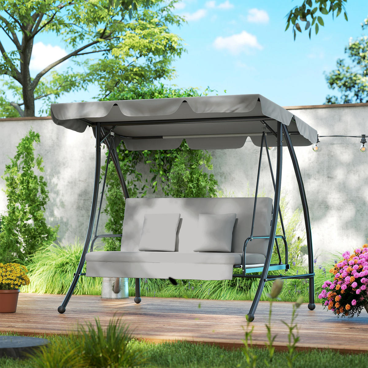 HOLLYWOODSCHAUKEL DE-07018 3-Sitzer, Mit Liegefunktion, neigbares Dach Grau - Grau, Metall (210/170/125cm) - ComfortXL