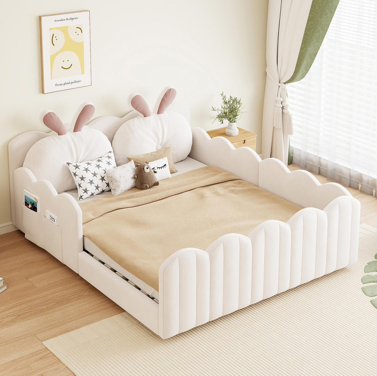 POLSTERBETT 140/200 cm Beige mit Schutzgeländer und Kopfteilkissen - Beige, Textil (140/200cm) - MIVRAY