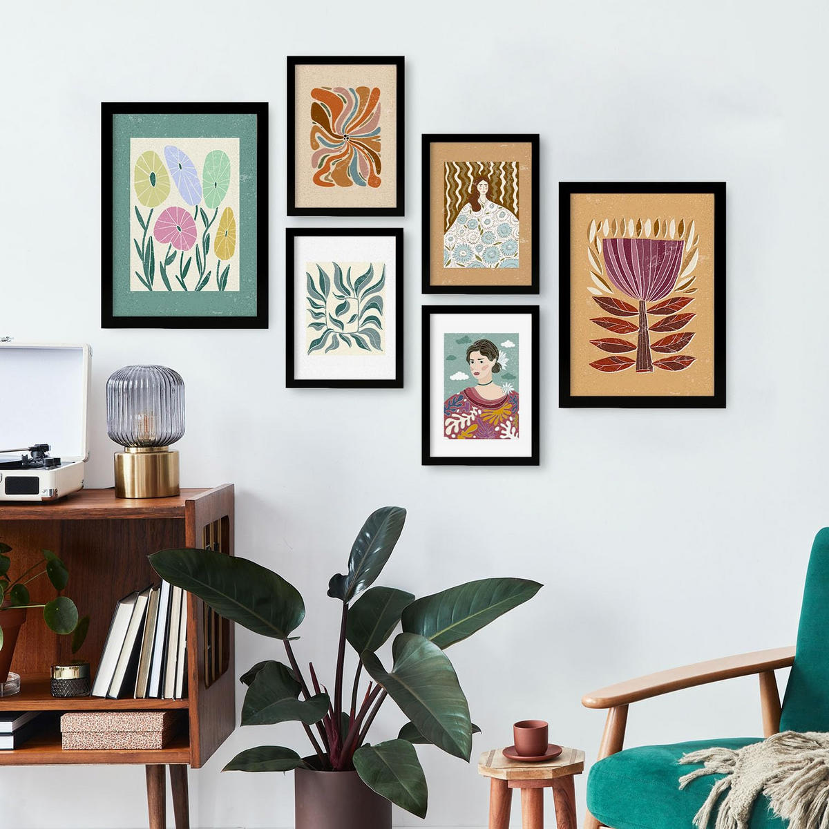 POSTER Set Mit 6 Drucken Von Blumen In Der Sammlung Ethnischere Ästhetische Dekorative Rahmen Für Ihr Zuhause Wandkunstdruck A3 & A4 Schwarzer Rahmen - Schwarz, Papier (29/3cm) - Nacnic