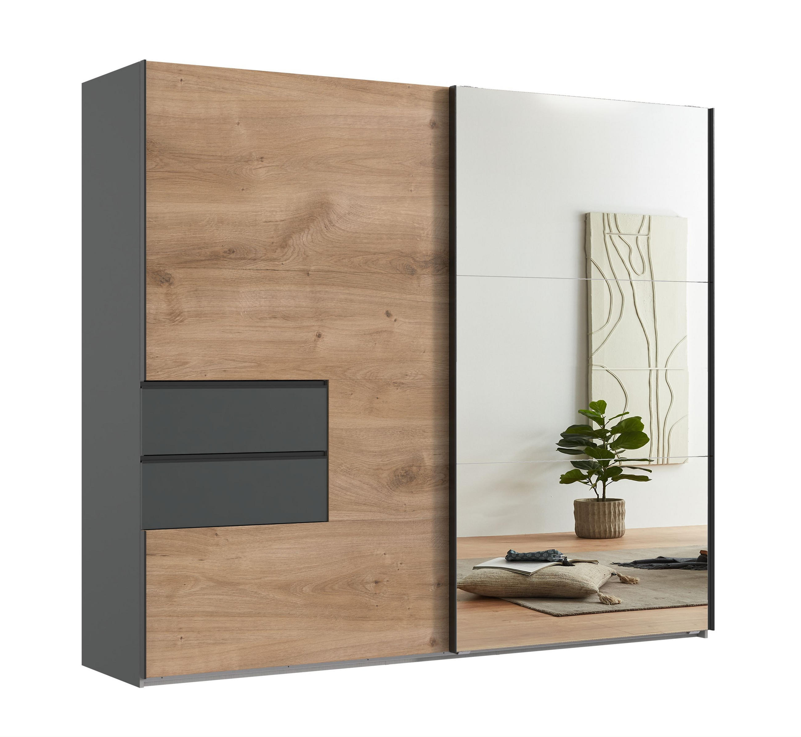 SCHWEBETÜRENSCHRANK B250/H216/T65 cm, Korpus+Schubladen Grafit, Türen eichefarben / Spiegel, inkl. Vollausstattung / 22051 - Eichefarben/Schwarz, Holzwerkstoff/Metall (250/216/65cm) - luma-home