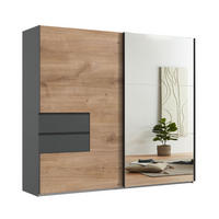 SCHWEBETÜRENSCHRANK B250/H216/T65 cm, Korpus+Schubladen Grafit, Türen eichefarben / Spiegel, inkl. Vollausstattung / 22051 - Eichefarben/Schwarz, Holzwerkstoff/Metall (250/216/65cm) - luma-home