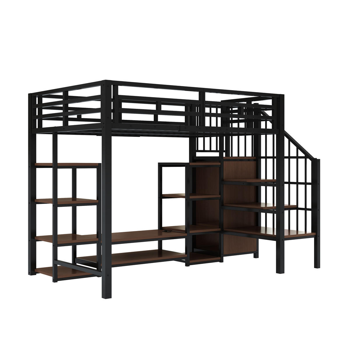 HOCHBETT 90/200 cm mit TV-Ständer, Steckdose und Aufbewahrungsleiter aus Metall und MDF, Schwarz - Schwarz, Metall (90/200cm) - Redom