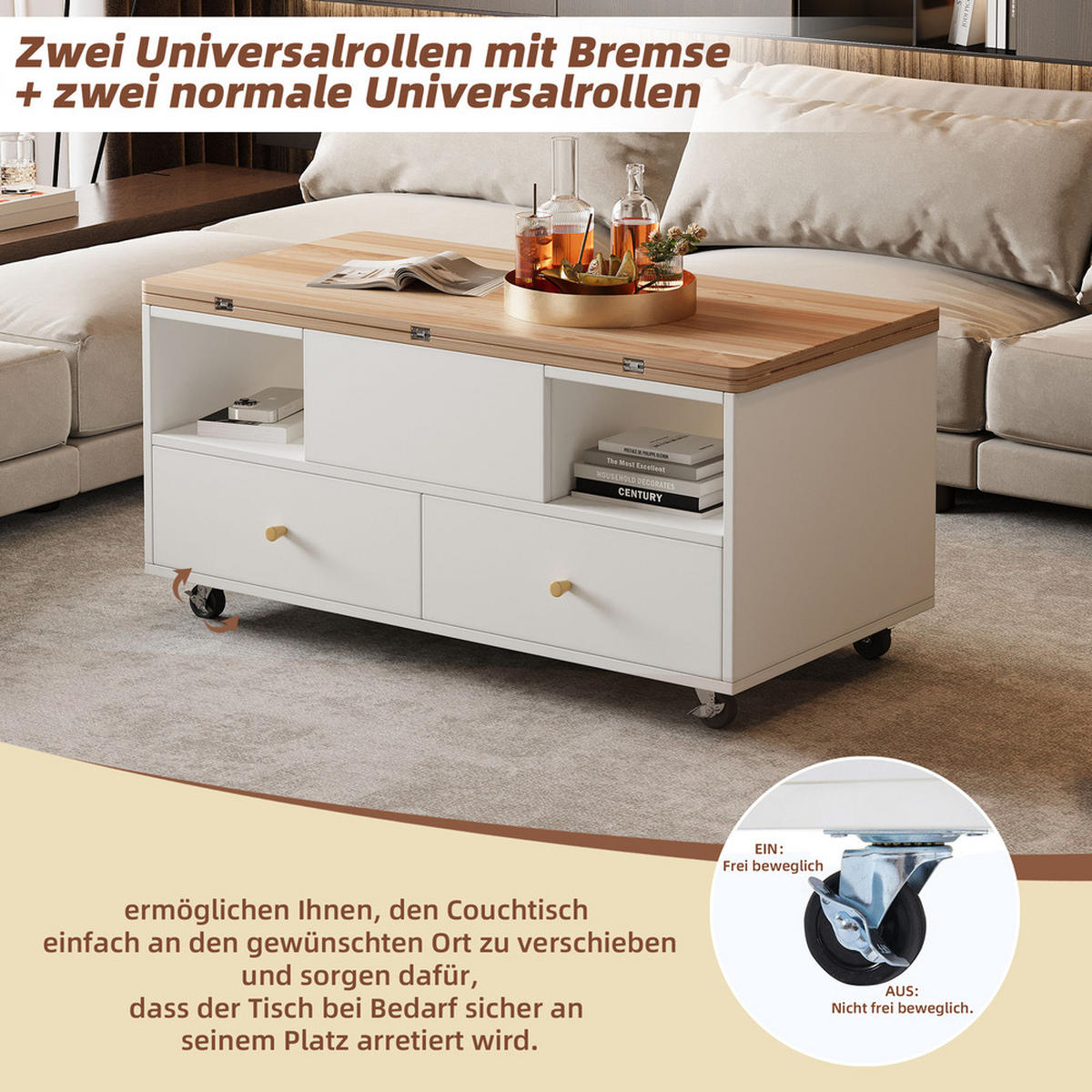 COUCHTISCH 100x50cm Höhenverstellbar Hydraulik Klappbar 4 Schubladen Rollen - Braun, Holz (63.5/52.71/24.77cm) - FLIEKS