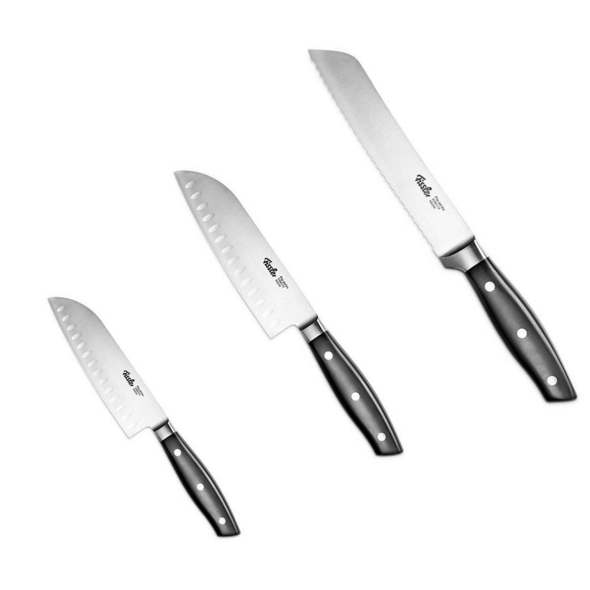 MESSERSET 3-tlg Schwarz, Edelstahl, Küchenmesser Set, Brotmesser, Santokumesser, Schneidemesser, Küchenzubehör, Profi Messer, Klingenstahl, Kochbedarf - Silberfarben/Schwarz, Kunststoff/Metall - Fissler