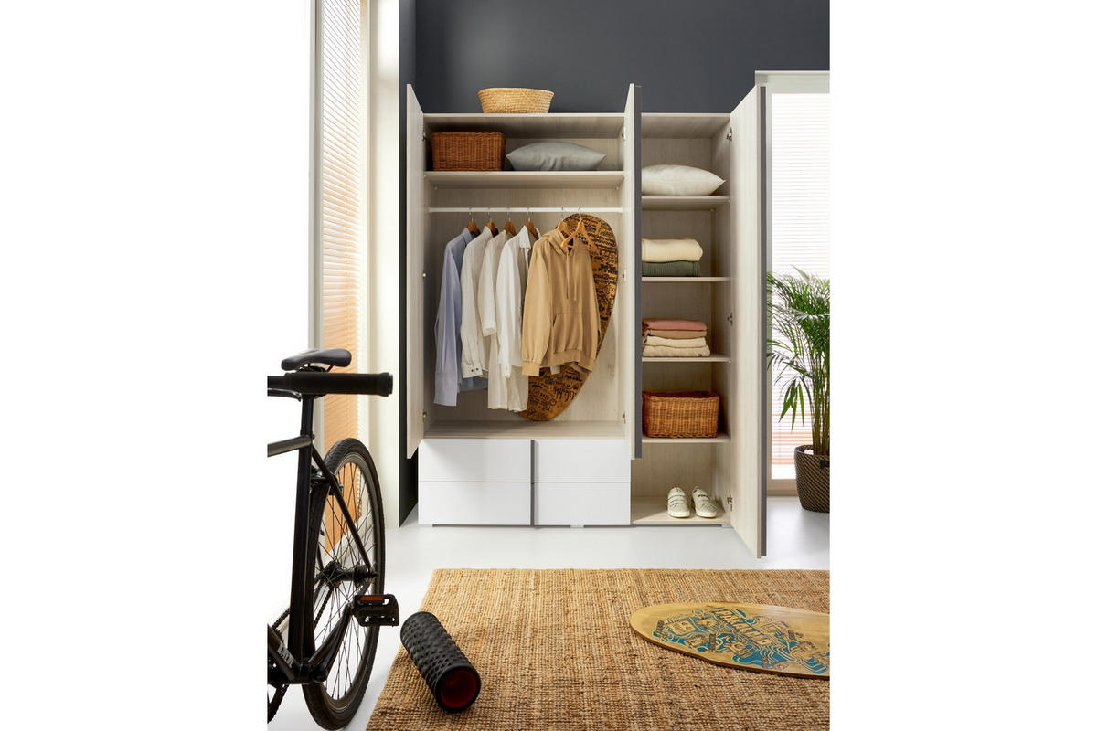 KINDERKLEIDERSCHRANK REMI 01 150cm breit in Eichenweiß / Weiß Matt / Anthrazit - Eichefarben/Anthrazit, Holzwerkstoff (150/195/50cm) - Deine Möbel 24