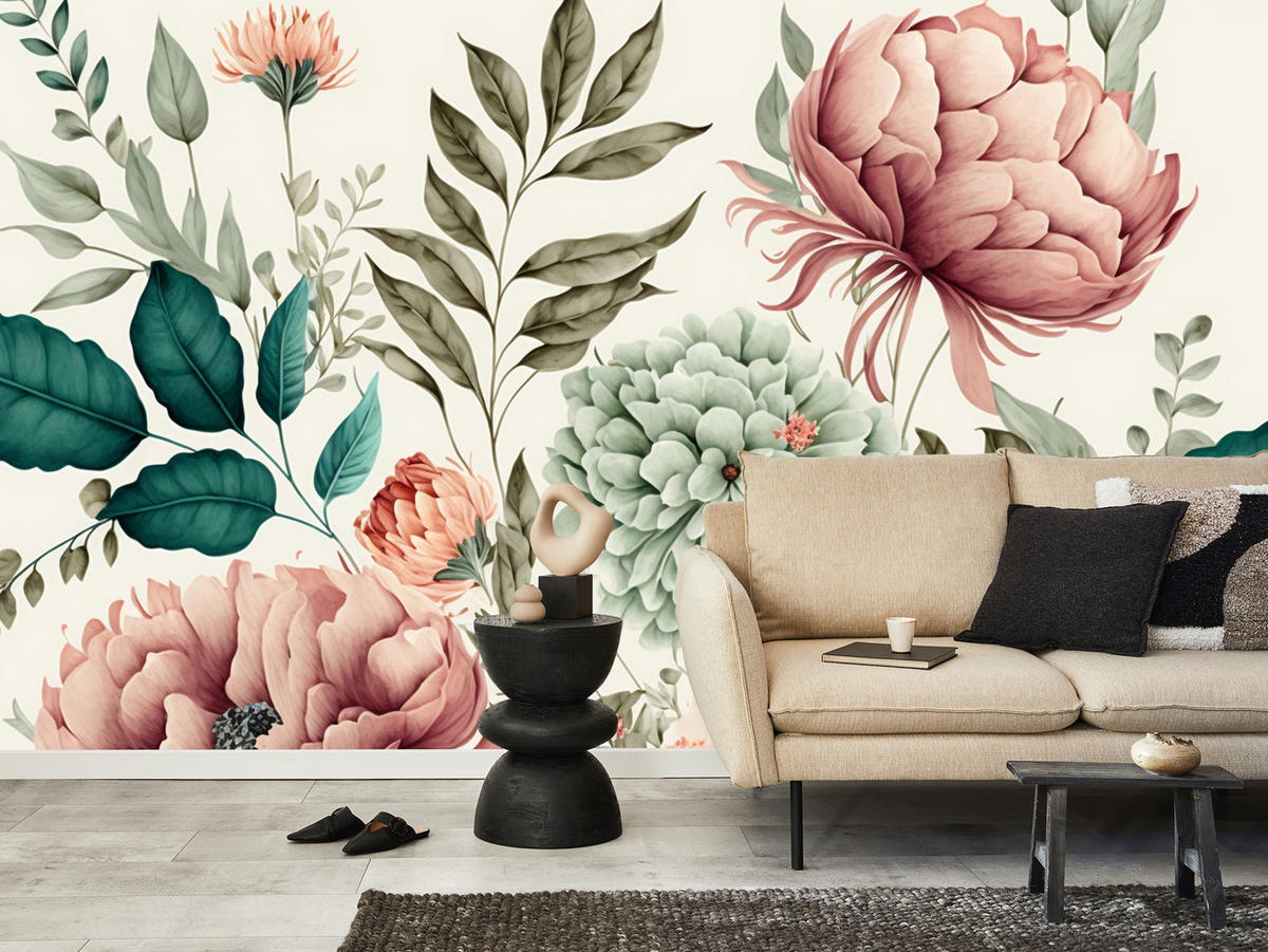 FOTOTAPETA Pre Spálňu Pastelové Pivonky Kvety Listy 200 x 140 cm - modrá/zelená, papier (200/140cm) - Muralo
