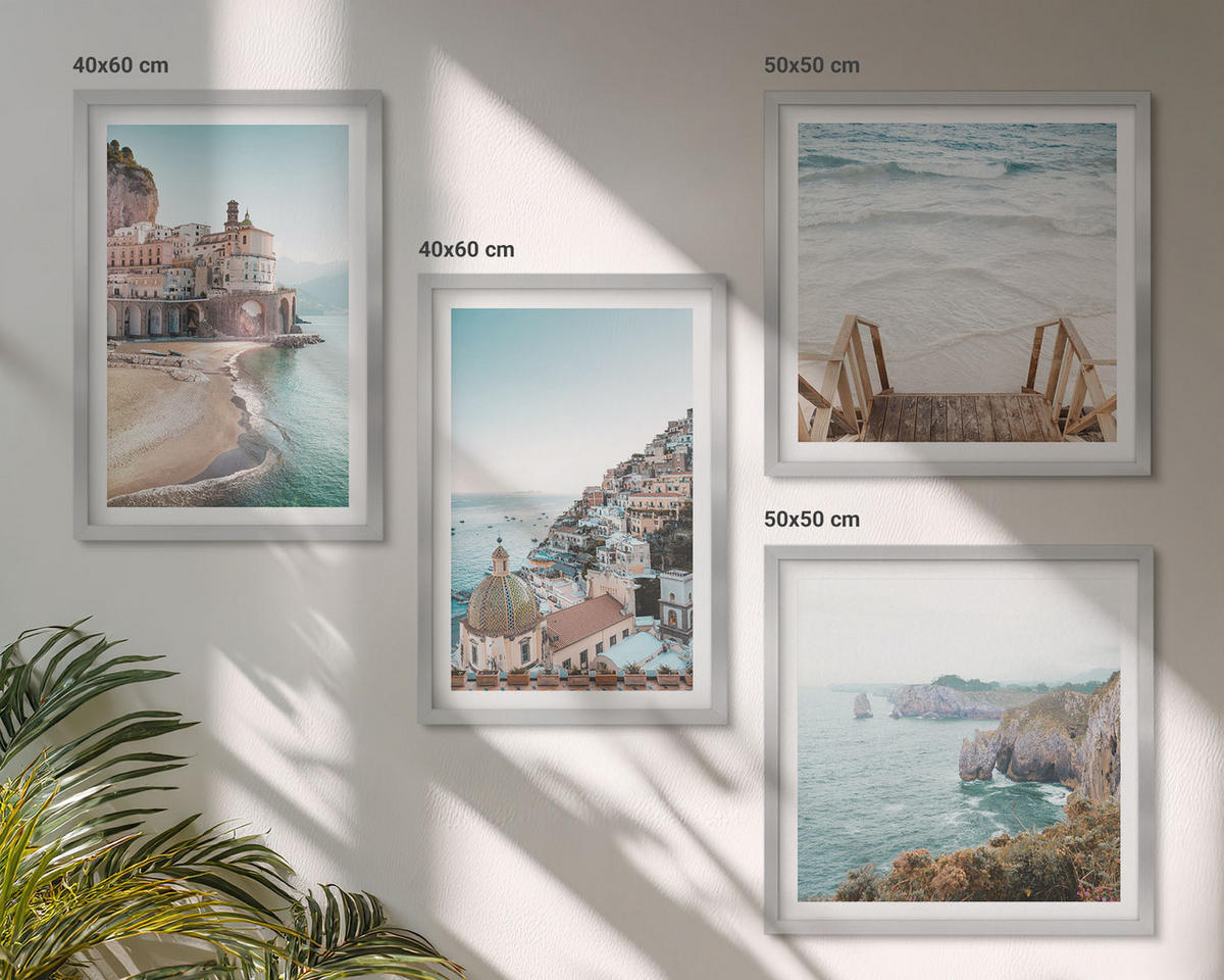 WANDBILDER 4er Set - 50x50 cm & 40x60 cm Silberner Rahmen - Sommerliche Strandansichten in Pastellfarben - Silberfarben, Kunststoff (50/50cm) - ArtPrintCave