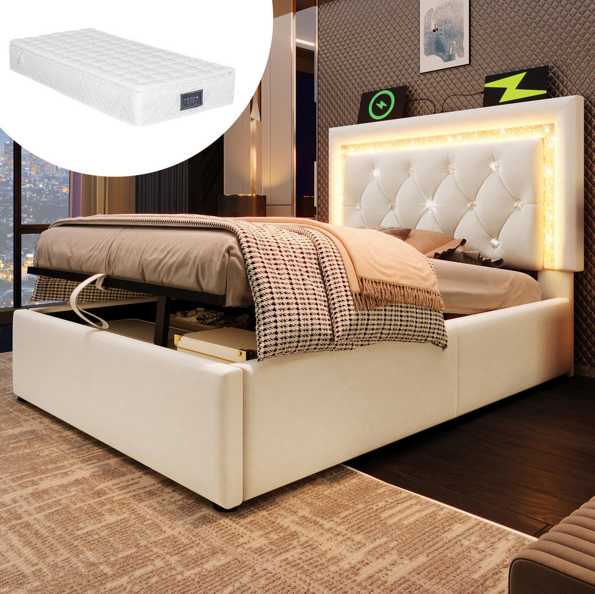POLSTERBETT mit Bettkasten 90x200 cm Samt Beige inkl. Matratze - Beige, Metall (90/200cm) - Meubliv