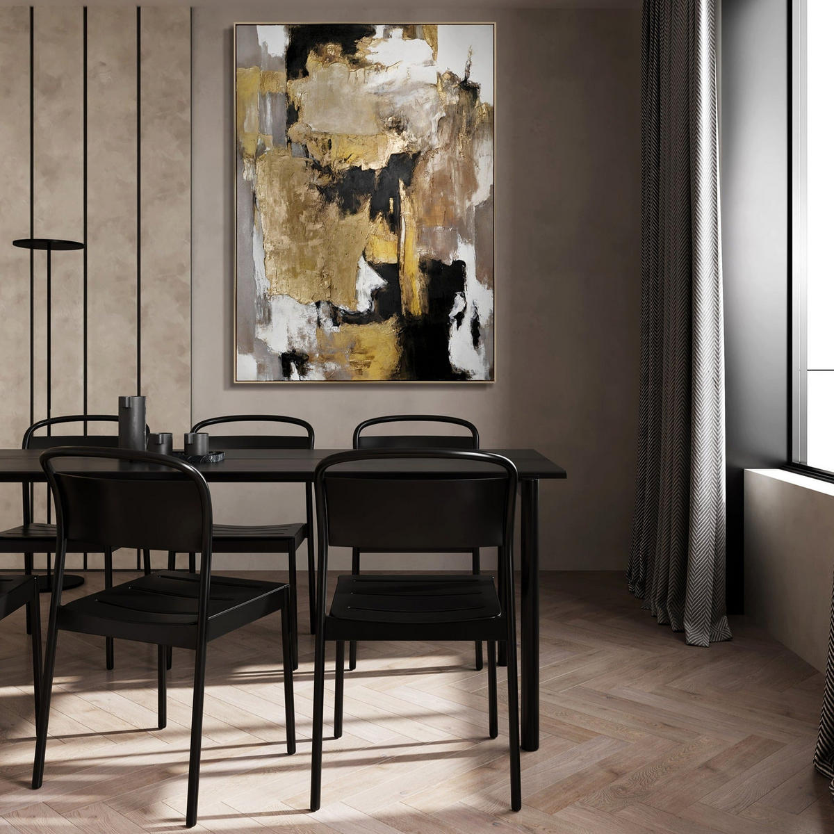 GEMÄLDE Goldene Fragmente Schattenfugenrahmen Schwarz 140x100 cm - Schwarz, Holz (140/100cm) - YS-art gallery