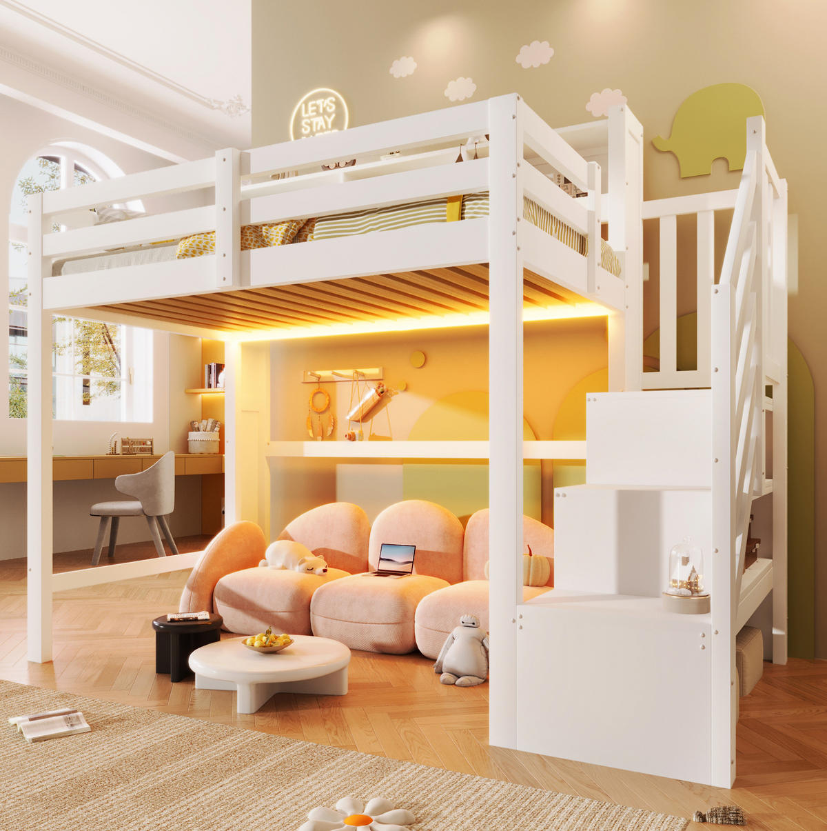 HOCHBETT 90/200 cm mit LED-Beleuchtung, Stauraumtreppe und offenem Staufach, Weiß - Weiß, Holz (90/200cm) - Redom