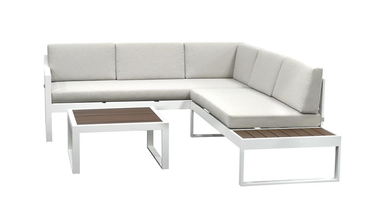 LOUNGE-SET Lima Weiß 5-Sitzer Aluminium mit Couchtisch in Holzoptik - Weiß, Kunststoff - bellavista - Home & Garden