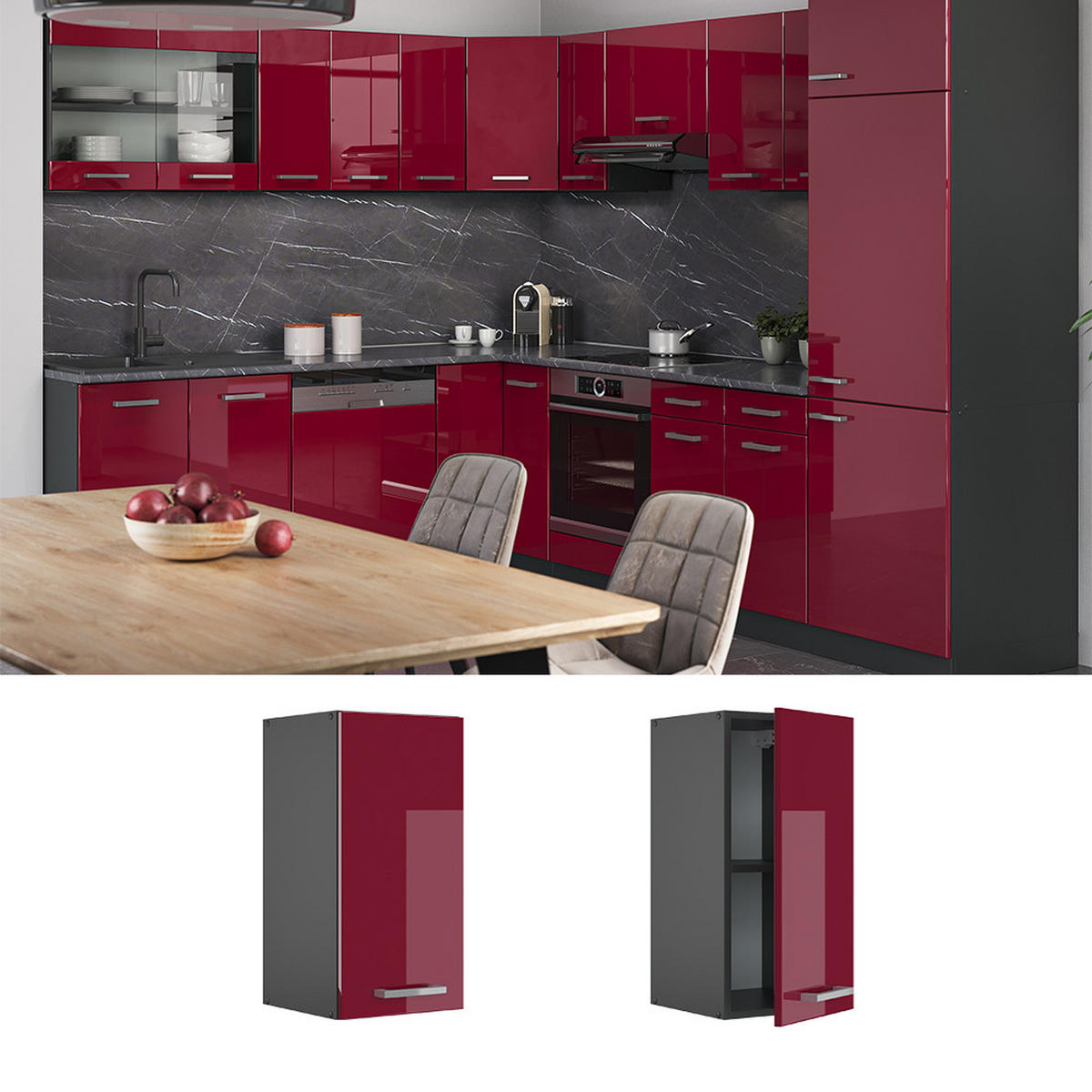 HÄNGESCHRANK R-Line Rot Hochglanz 30 cm - Bordeaux/Anthrazit, Holzwerkstoff (30/60/31cm) - Vicco