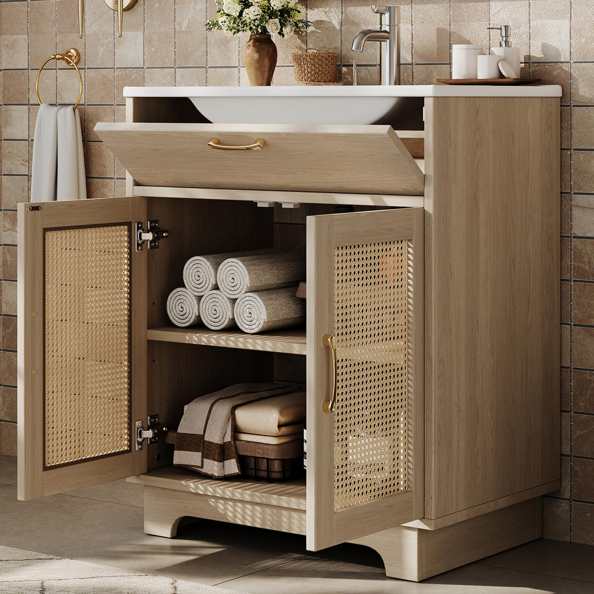 WASCHTISCHKOMBI 76/46/88 cm Natürlich mit Klappschublade und Keramikbecken, ohne Wasserhahn - Naturfarben, Holz/Holzwerkstoff (46/88/76cm) - Oxeza
