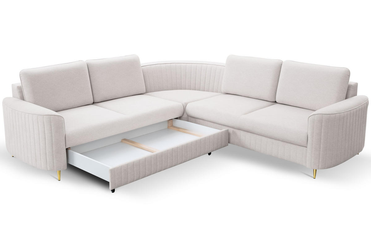 ECKSOFA LAREN, modernes Schlafsofa mit Stauraum, Plastikfüße, L-förmig, lose Rückenkissen freistehend, LINKS 251x252x85 cm Ecru - Ecru, Holz/Textil (251/252cm) - DomoHome