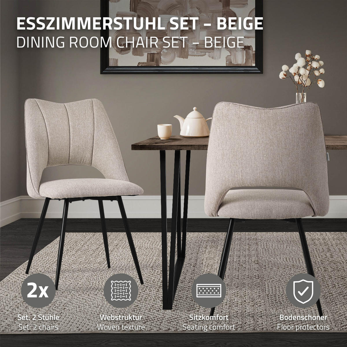 ESSZIMMERSTUHL Beige 2er Set - Beige/Schwarz, Textil/Metall (57/89/53cm) - ML-DESIGN