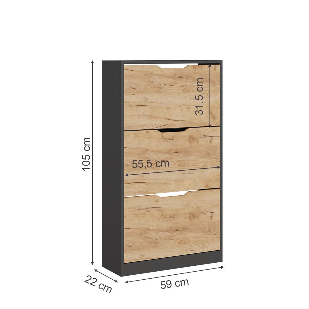 SCHUHKIPPER Luca Anthrazit/Goldkraft Eiche 59 x 105 cm mit 3 Fächern - Anthrazit, Holzwerkstoff (59/105/22cm) - Vicco