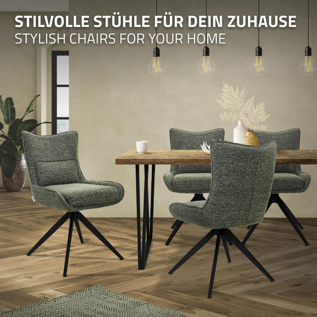 ESSZIMMERSTÜHLE 2er Set drehbar Küchenstühle gepolstert mit Webstoff-Bezug Grün - Schwarz/Grün, Textil/Metall (54/90/64cm) - ML-DESIGN